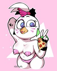 <3_eyes anthro areola astranger avian beak beakstick big_breasts bird bow_(disambiguation) bow_accessory breasts chicken clothing ear_piercing eating eyelashes facial_markings feathers female fingerless_gloves five_nights_at_freddy's five_nights_at_freddy's:_security_breach food furgonomics galliform gallus_(genus) gesture glamrock_chica_(fnaf) gloves green_clothing green_gloves green_handwear hand_behind_head handwear head_feathers head_markings head_tuft heart holding_food holding_object lipstick looking_at_viewer makeup markings mostly_nude navel nipples panties phasianid piercing pink_areola pink_background pink_clothing pink_lipstick pink_nipples pink_panties pink_underwear pizza pizza_slice purple_bow purple_eyes scottgames simple_background solo thick_thighs tuft underwear v_sign video_games white_background white_body white_feathers wide_hips