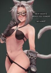 1girls bikini cat_ears cat_tail catgirl erochi female final_fantasy final_fantasy_xiv gloves goggles grey_hair grin keeper_of_the_moon kemonomimi miqo'te solo tail text thumb_in_panties