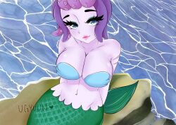 1girls big_breasts blue_eyes cala_maria cuphead_(game) curvy eyelashes female female_only green_tail huge_breasts jpeg large_breasts lipstick looking_at_viewer mermaid purple_skin scar solo supernatural tagme_(artist) text water wide_hips