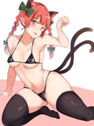 1girls 2_tails bikini breasts cat_ears cat_tail catgirl medium_breasts micro_bikini multi_tail nagomian partially_clothed pointy_ears red_eyes red_hair rin_kaenbyou swimsuit tagme thighhighs tongue tongue_out touhou twintails