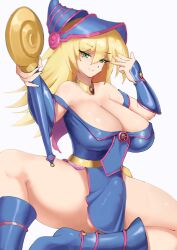 1futa absurdres balls bare_shoulders blonde blonde_hair blue_footwear blue_headwear bottomless bottomless_loincloth breasts bulge closed_mouth clothed clothing collarbone dark_magician_girl dickgirl duel_monster erection erection_under_clothes erection_under_loincloth eyelashes futa_only futanari gem green_eyes grey_background hair_between_eyes half-closed_eyes hat highres holding holding_wand human intersex large_breasts light-skinned_futanari light_skin loincloth loincloth_lift long_hair looking_at_viewer magician mostly_clothed naka_(umomoko) off_shoulder penis penis_bulge penis_under_clothes penis_under_loincloth pentagram red_gemstone simple_background sitting smile solo tenting testicles wand yu-gi-oh!