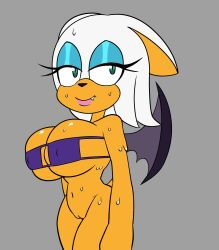 anthro bikini bikini_top bodily_fluids bottomless chiropteran clothed clothing female genitals green_eyes hi_res looking_at_viewer mammal monamania pussy rouge_the_bat sega solo sonic_(series) sonic_the_hedgehog_(series) sweat swimwear wings