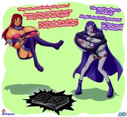 2girls beengineer breast_expansion breast_hold breasts bursting_breasts clothing dc dc_comics dialogue english_dialogue female female_only gigantic_breasts green_eyes grey_skin huge_breasts huge_nipples inherentlysostrange large_breasts long_hair nipples purple_eyes purple_hair rachel_roth raven_(dc) red_hair short_hair starfire teen_titans thighhighs tight_clothing torn_clothes wardrobe_malfunction