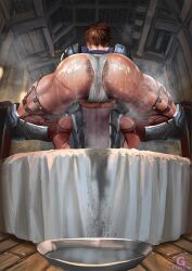 anus anus_peek armor ass ass_focus brown_hair gpuniro hairy_anus hairy_pussy huge_anus large_anus muscular_female panties_over_anus scars short_hair squatting squatting_cowgirl_position tagme wet_panties ジープニロ