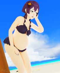 1girls adjusting_hair alternate_costume beach bernadetta_von_varley bikini female female_only fire_emblem fire_emblem:_three_houses grey_eyes hdddestroyer nail_polish nintendo open_mouth outdoors post-timeskip pregnant pregnant_female purple_bikini purple_hair purple_nails purple_swimsuit short_hair smile solo swimsuit