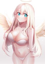 absurdres angel angel_girl angel_wings aqua_eyes bikini blonde_hair breasts chinese_commentary cleavage collarbone commentary_request cowboy_shot female halo highleg highleg_bikini highres indie_virtual_youtuber large_breasts llg062666 long_hair looking_at_viewer rong_chuhan smile solo strapless strapless_bikini supernatural swimsuit virtual_youtuber white_bikini white_wings wings