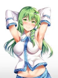 1girls armpit_fetish armpits arms_up blush green_eyes green_hair long_hair looking_at_viewer nagomian sanae_kochiya sexy_armpits smile tagme touhou