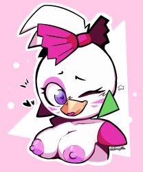 <3_eyes anthro areola astranger avian beak beakstick big_breasts bird bow_(disambiguation) bow_accessory breasts chicken ear_piercing eyelashes facial_markings feathers female five_nights_at_freddy's five_nights_at_freddy's:_security_breach furgonomics galliform gallus_(genus) glamrock_chica_(fnaf) head_feathers head_markings head_tuft heart lipstick looking_at_viewer makeup markings nipples one_eye_closed phasianid piercing pink_areola pink_background pink_lipstick pink_nipples purple_bow purple_eyes scottgames shoulder_pads simple_background solo star tuft video_games white_background white_body white_feathers wink winking_at_viewer