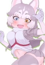 animal_ears arms_up bangs blue_eyes blush bodystocking bodysuit clothing cowboy_shot dog_(mixed_breed)_(kemono_friends) dog_girl dog_tail dot_nose extra_ears female female_only female_solo gloves green_hair happy harness heterochromia high_resolution inumimi jacket jumping kemono_friends kemono_friends_2 lingerie looking_at_viewer masuyama_ryou miniskirt multicolored_hair navel open_clothes open_hands open_jacket open_mouth sidelocks simple_background skirt sleeveless sleeveless_turtleneck sleeves_rolled_up solo standing stockings sweater sweater_vest tail thighhighs thighs turtleneck turtleneck_sweater two-tone_hair vest white_background white_gloves yellow_eyes zettai_ryouiki