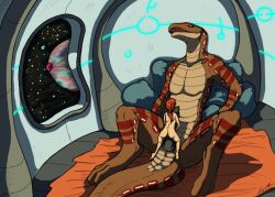 anthro black_penis bodyjob brown_body brown_scales cloaca detailed_background duo erection female female_human genitals human human_on_anthro inside interspecies looking_pleasured male male/female mammal penis planet scales scalie sex size_difference space spread_legs spreading syrinoth tesrass