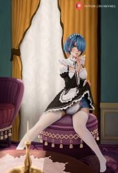 andyabdl andydl18 blue_eyes blue_hair candle curtains diaper diaper_under_clothing finger_to_mouth hair_over_one_eye maid maid_headdress maid_uniform re:zero_kara_hajimeru_isekai_seikatsu rem_(re:zero) short_hair window