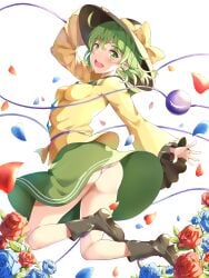 1girls ass ass_focus big_ass blush green_eyes green_hair hat jumping koishi_komeiji nagomian panties smile tagme thong touhou white_panties