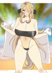 1girls black_swimsuit blonde_hair breasts cleavage cryptid_crab cynthia_(pokemon) female female_only grey_eyes hair_over_one_eye large_breasts long_hair one-piece_swimsuit open_towel pokemon solo swimsuit towel very_long_hair yellow_swimsuit