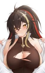 1girls asian_female azur_lane bare_shoulders big_breasts black_hair blonde_hair blush blush_lines blushing blushing_at_viewer breasts chinese_clothes cleavage clothed cute dragon_empery_(azur_lane) eyebrows_visible_through_hair fur harbin_(azur_lane) head_tilt jndfh large_breasts light-skinned_female light_skin looking_at_viewer multicolored_hair off_shoulder open_mouth red_hair ripped_clothing sideboob simple_background steam sweat teeth white_background yellow_eyes