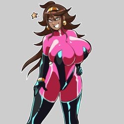 1girls bluueygooey breasts brown_hair danganronpa danganronpa_2:_goodbye_despair dark-skinned_female dark_skin earrings female female_only g_gundam gundam huge_breasts large_breasts large_thighs latex latex_clothing latex_suit long_hair mobile_trace_suit owari_akane rain_mikamura_(cosplay) smile smooth_skin solo super_danganronpa_2 very_long_hair