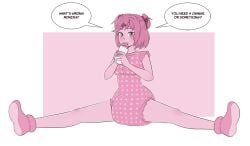 1girls abdl baby_bottle blush bottle bow_in_hair breasts diaper diaper_under_clothing doki_doki_literature_club english_text female female_only legs_apart natsuki_(doki_doki_literature_club) pieceofsoap short_hair small_breasts socks solo text text_bubble