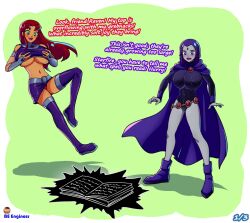 2girls beengineer breast_expansion breast_hold breasts clothing dc dc_comics dialogue english_dialogue female female_only gigantic_breasts green_eyes grey_skin huge_breasts inherentlysostrange large_breasts long_hair purple_eyes purple_hair rachel_roth raven_(dc) red_hair self_fondle short_hair starfire teen_titans thighhighs underboob