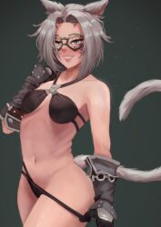 1girls bikini cat_ears cat_tail catgirl erochi female final_fantasy final_fantasy_xiv gloves goggles grey_hair grin keeper_of_the_moon kemonomimi miqo'te solo tail thumb_in_panties