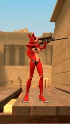 3d animatronic five_nights_at_freddy's fnaf foxy_(fnaf) red_body sniper_rifle solo thick_legs underwear white_eyes yanzov