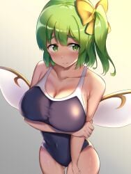 1girls alternate_breast_size big_breasts blush breasts breasts_focus cleavage daiyousei embarrassed fairy green_eyes green_hair jpeg looking_away nagomian standing swimsuit tagme touhou wings