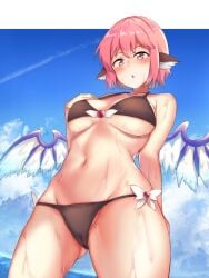 1girls :o beach big_breasts bikini blush breasts cleavage monster_girl mystia_lorelei nagomian pink_hair solo solo_female swimsuit tagme thick_thighs touhou wet wings