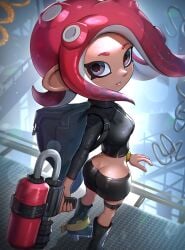 2022 agent_8_(splatoon) ass_cleavage big_ass big_butt black_clothing boots butt_crack dark-skinned_female dark_skin gonzarez highres looking_at_viewer looking_back nintendo octoling octoling_girl purple_eyes red_hair splatoon splatoon_(series) splatoon_2 wide_hips