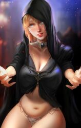 1girls arms_out belly belly_button big_breasts blonde_hair blue_eyes canon_panties cloak deathbed_smalls elden_ring female female_focus female_only fia_the_deathbed_companion fromsoftware hood hooded_cloak hug_invitation light-skinned_female looking_at_viewer navel neckwear painting_(artwork) panties pov ragecndy revealing_clothes smile smiling solo solo_female solo_focus spread_arms thick_thighs thighhighs underwear white_panties