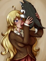 areolae big_breasts blonde_hair blue_background breasts feral furry interspecies kyunamaori long_hair nipples rwby school_uniform schoolgirl shiny_hair shiny_skin simple_background tagme yang_xiao_long zoophilia zwei