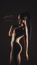 1girls 2021 3d artist_logo artist_website black_background black_hair dark-skinned_female dark_skin female female_only large_breasts long_hair lustie3d nude nude_female side_view slushe_(website) solo solo_female standing