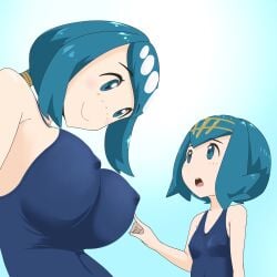 breast_poke breasts female female_only gigantic_breasts huge_breasts human human_only lana's_mother_(pokemon) lana_(pokemon) larger_female microsd_(artist) milf mob_face mother_and_daughter nintendo one-piece_swimsuit pokemon pokemon_sm size_difference swimsuit