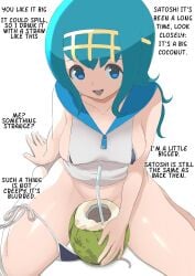 1girls aged_up bad_censor big_breasts bikini bikini_bottom_around_leg blue_eyes blue_hair breasts covering dialogue english_text eye_contact female_focus female_only game_freak inferior_version lana_(pokemon) light-skinned_female light_skin looking_at_viewer makoto_daikichi nintendo pokemon pokemon_(anime) pokemon_sm sitting solo solo_female text white_background