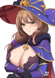 1girls 2022 artist_signature breasts brown_hair bust_portrait cleavage commission cosplay female female_only genshin_impact green_eyes hat huge_breasts kauru00 large_hat leotard lisa_(genshin_impact) long_hair looking_at_viewer mona_(genshin_impact)_(cosplay) outfit_swap purple_leotard simple_background smile witch_hat