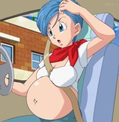 1girls belly big_belly big_breasts blue_hair breasts bulma_briefs dragon_ball dragon_ball_super dragon_ball_z edit female morphtothetop pregnant screenshot_edit solo_female