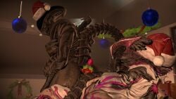 3d_(artwork) alien alien_(franchise) ass big_butt black_body breasts christmas christmas_clothing christmas_headwear clothing crossover detailed_background digital_media_(artwork) duo erection excella eyeless fan_character fangs female female_xenomorph genitals grey_body hat headgear headwear hi_res holidays hot_dogging humanoid interspecies male male/female multicolored_body nidus_(warframe) nipples on_bottom on_top open_mouth penis reverse_cowgirl_position santa_hat sex thekidxeno thick_thighs white_body wide_hips xenomorph