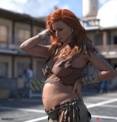 1girls 2022 3d clothed clothing dashole depth_of_field earrings fanart female female_focus hand_on_hip large_breasts long_hair orange_hair outdoor outdoors outside pregnant red_hair slushe_(website) solo_focus standing unhappy