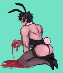 ass bara black_hair blood blue_background bubble_butt bunny_boy bunny_ears bunny_tail bunnysuit crossdressing detached_collar facial_tattoo fake_animal_ears full_body high_heels kengan_(series) kengan_ashura kneeling looking_at_viewer looking_back loutortue male male_only male_playboy_bunny meguro_masaki muscular muscular_male nylons solo spiky_hair thighhighs