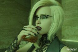 1girls 2021 3d alice_(dashole) black_nail_polish black_nails blonde_hair clothed clothing dashole drinking eyebrow_piercing female female_only glasses holding_glass indoors lip_piercing nose_ring original_character slushe_(website) solo solo_female standing