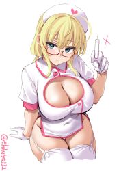 alternate_costume blonde_hair blue_eyes breasts cleavage cowboy_shot cropped_legs dress ebifurya female garter_straps glasses gloves hat heart highres i-8_(kantai_collection) kantai_collection large_breasts long_hair looking_at_viewer low_twintails nurse nurse_cap semi-rimless_eyewear solo syringe thighhighs twintails twitter_username white_background white_dress white_gloves white_thighhighs