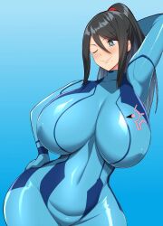 1girls 2022 arm_behind_head big_breasts big_nipples black_hair blue_background blue_eyes bodysuit breasts cosplay costume erect_nipples_under_clothes erection female hand_on_hip highres huge_breasts huge_nipples kloah large_breasts large_nipples metroid milf mole mole_under_mouth mother navel nintendo one_eye_closed samus_aran samus_aran_(cosplay) seductive_eyes seductive_look seductive_pose seductive_smile skin_tight smile solo tagme wide_hips wink zero_suit zero_suit_samus_(cosplay)