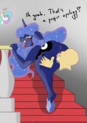 ahe_gao ambiguous_fluids anthro anus cunnilingus cutie_mark dark_body dark_skin duo equid equine female friendship_is_magic furrytan hasbro hi_res horn human legs_together looking_pleasured male male/female mammal my_little_pony oral princess_celestia_(mlp) princess_luna_(mlp) sex simple_background text vaginal_penetration