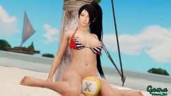 1080p 3d beach beachball bikini black_hair blender_(software) bottomless breasts breasts_out_of_clothes brown_eyes dead_or_alive dead_or_alive_xtreme_beach_volleyball erect_nipples feet_apart female female_solo gamacgx island large_breasts long_hair looking_at_viewer momiji_(ninja_gaiden) ninja_gaiden nipples open_clothes outdoor_nudity outdoors pale_skin ponytail sitting smile striped_bikini sweat tecmo thick_thighs thighs toned_female volleyball wallpaper wariza water