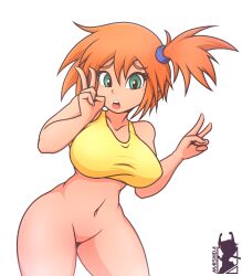 1girls areolae artist_name breasts collarbone curvy double_v eyebrows_visible_through_hair eyelashes female green_eyes human human_only kasumi_(pokemon) large_breasts looking_at_viewer maishida navel nude open_mouth orange_hair pokemon pussy side_ponytail solo standing text thick_thighs v vagina white_background wide_hips yellow_eyes