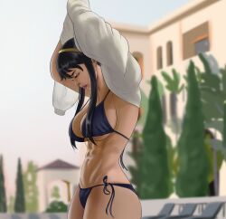 1girls abs assassin bikini black_hair fit_female gold_hairband gold_headband hairband horizonah221 huge_breasts looking_down muscular_abs muscular_female red_eyes removing_shirt side_tie_bikini_bottom spy_x_family swimming_pool thorn_princess underboob undressing voluptuous yor_briar