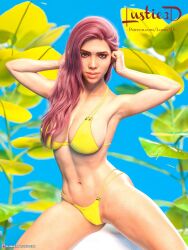 1girls 2022 3d arms_up fanart female female_only large_breasts long_hair looking_at_viewer lustie3d octokuro outdoor outdoors outside real_person red_hair slushe_(website) solo solo_female yellow_bikini