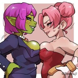 2girls bare_shoulders bee_haji blizzard_entertainment breasts business_suit confrontation cowboy_shot double_bun face_to_face gloves gnome gnome_(warcraft) gnome_female goblin goblin_(warcraft) goblin_female green_skin grin hands_on_hips leotard lips necklace ninny_fizzleburst pink_hair pointy_ears purple_hair sharp_teeth short_hair shortstack symmetrical_docking world_of_warcraft