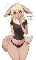 1girls anthro blonde_hair blush cheeky eevee english_text female female_only furry generation_1_pokemon legs_together long_hair looking_at_viewer lovemaxultra nintendo panties pokémon_(species) pokemon red_eyes smiling smiling_at_viewer solo t-shirt text thick_thighs thigh_gap white_background wide_hips