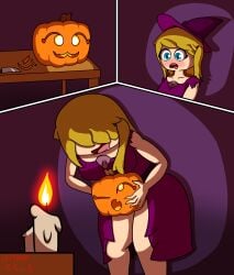 ahe_gao blonde_hair blue_eyes blush candle clothed clothed_sex dress dress_lift fenix_h fnafhs halloween heart-shaped_pupils human implied_futanari jack-o'-lantern joy_(fnafhs) pumpkin purple_dress simple_background smaller_penetrated white_skin witch_hat yellow_eyes