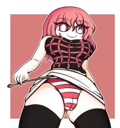 from_below pussy raiko_horikawa red_eyes red_hair skirt skirt_lift smiling striped_panties touhou