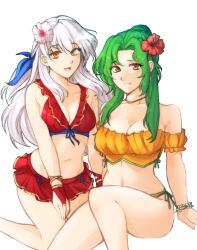 2girls :d absurdres alternate_costume bangs bare_shoulders beach bikini bikini_skirt blue_sky blush breasts brown_eyes cleavage collarbone elincia_ridell_crimea elincia_ridell_crimea_(summer) female female_only fingerless_gloves fire_emblem fire_emblem:_path_of_radiance fire_emblem:_radiant_dawn fire_emblem_heroes flower gloves green_hair grey_hair hair_flower hair_ornament hair_ribbon hibiscus higher_resolution_duplicate highres large_breasts long_hair looking_at_viewer medium_breasts micaiah_(fire_emblem) micaiah_(summer)_(fire_emblem) miniskirt multiple_girls navel nintendo ocean official_alternate_costume open_mouth orange_bikini orange_swimsuit red_bikini red_gloves red_swimsuit ribbon sand side-tie_bikini sitting skirt sky smile swimsuit transparent_background tridisart wristband yellow_eyes