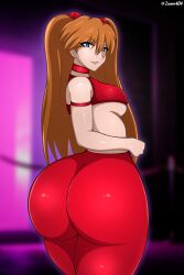 1girls ass asuka_langley_sohryu big_ass big_butt blue_eyes bottom_heavy bubble_butt choker clothing crop_top dat_ass female female_only huge_ass huge_butt looking_at_viewer looking_back medium_breasts neon_genesis_evangelion orange_hair pants solo solo_female thick_thighs wide_hips zonen404